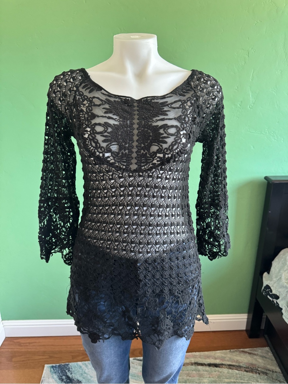 Umgee Black Crochet Lace Long Sleeve Tunic Top Sz Small